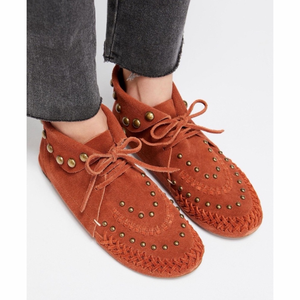 Anthropologie Bird of Flight studded moccasin suede leather boots